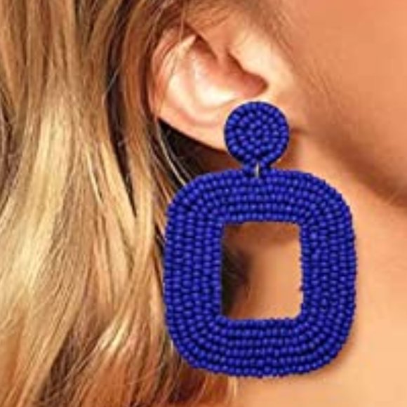 Oversized Royal Blue Handmade Beaded Dangle Earrings Post New Handcrafted Bogo - Picture 4 of 5